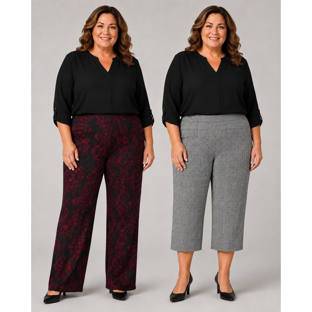 Susan Graver Pants Set 2 Liquid Knit Print Black Grey Women 2X Career Classic